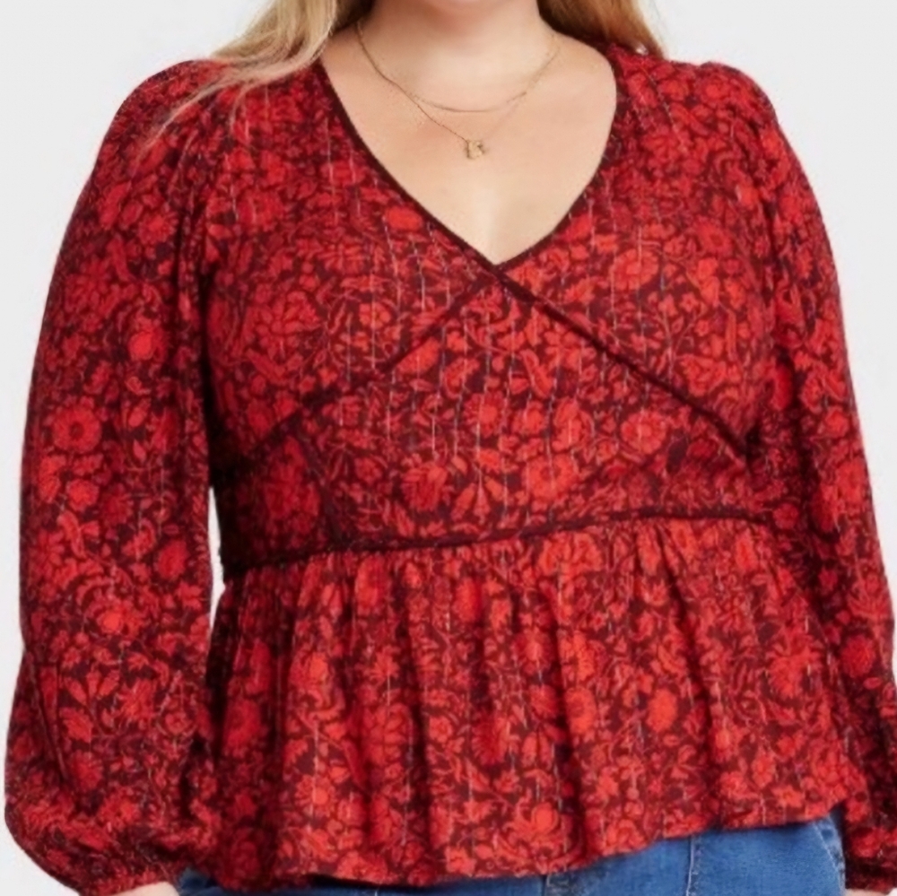 Knox Rose Red Floral Print Peplum Blouse Size XXL